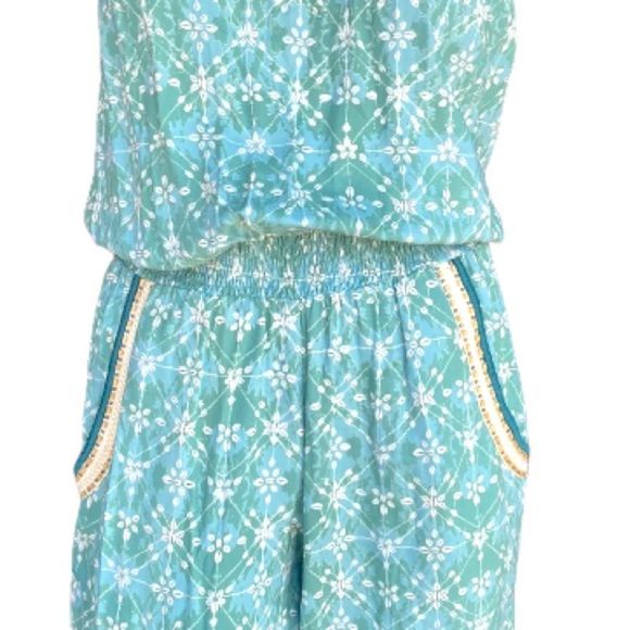 Skemo Turquoise Aqua Bohemian Beachy Beaded Strapless Smocked Blouson Jumpsuit M - Picture 3 of 10